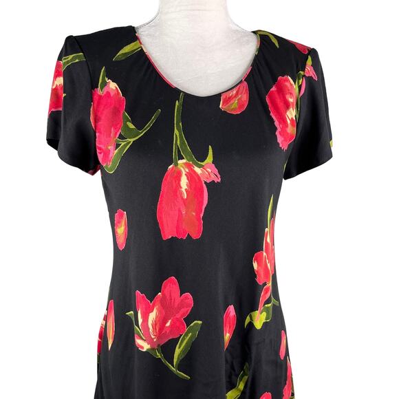 Vintage Hampton Dress Co Dress 8 Midi Black Red Tulips - Picture 11 of 12